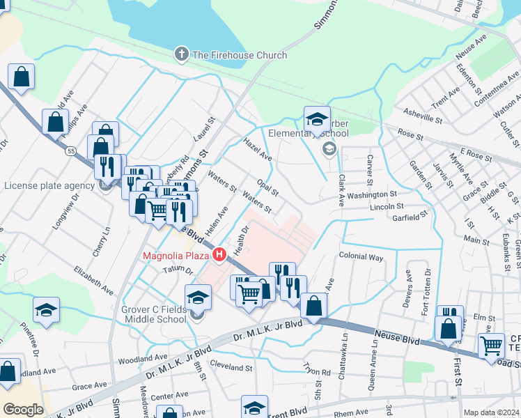 map of restaurants, bars, coffee shops, grocery stores, and more near 2007 Waters Street in New Bern