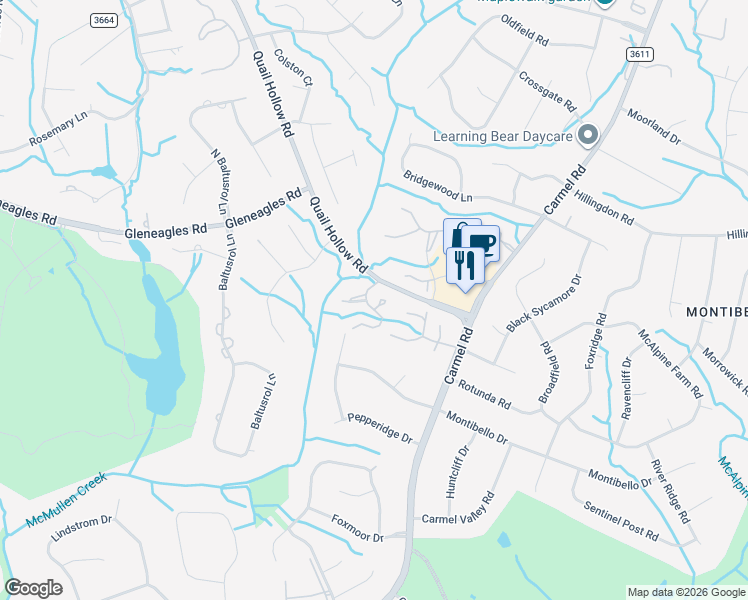 map of restaurants, bars, coffee shops, grocery stores, and more near 4315 Woodglen Lane in Charlotte