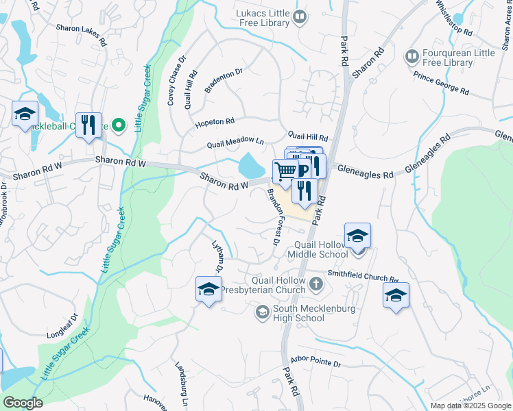 map of restaurants, bars, coffee shops, grocery stores, and more near 2518 Stradbrook Drive in Charlotte