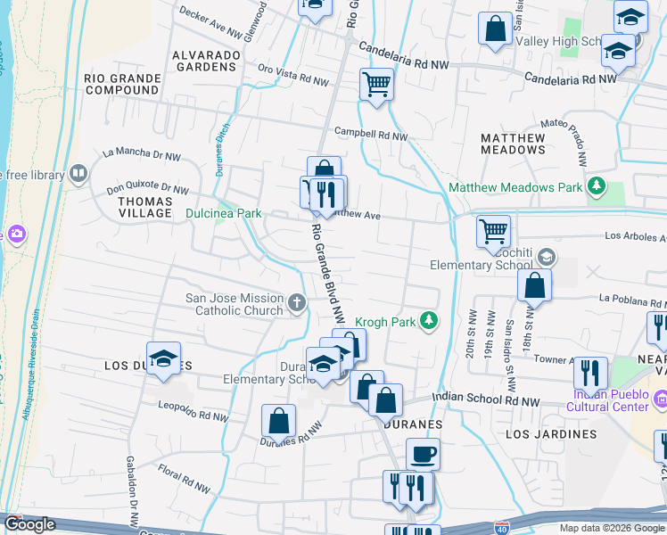 map of restaurants, bars, coffee shops, grocery stores, and more near 2504 Villa Doro Way Northwest in Albuquerque
