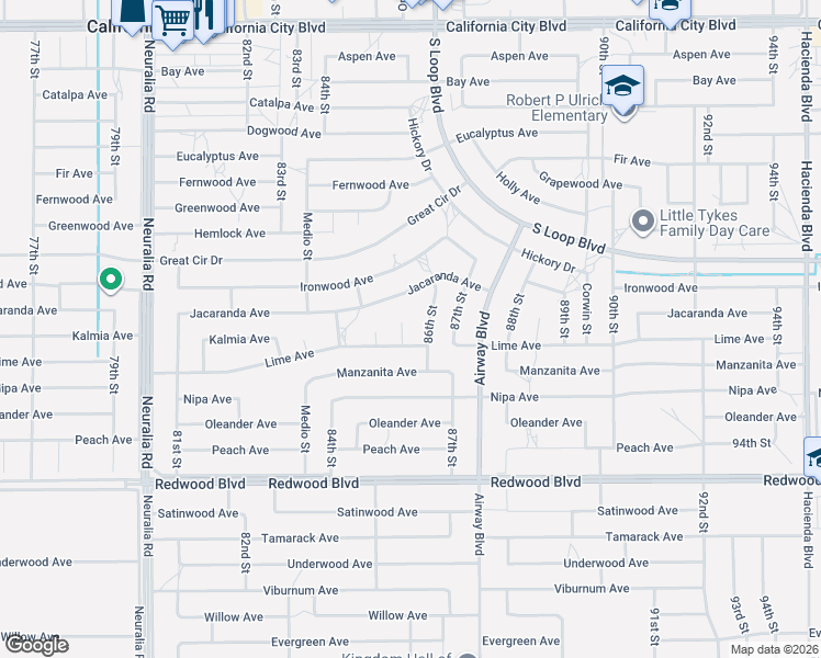 map of restaurants, bars, coffee shops, grocery stores, and more near 20337 86th Street in California City