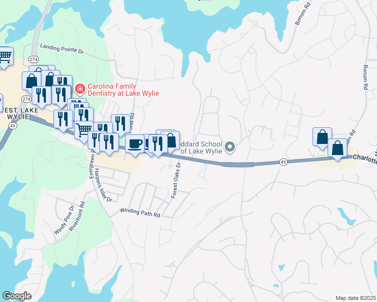 map of restaurants, bars, coffee shops, grocery stores, and more near 118 Lodges Lane in Lake Wylie