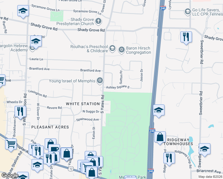 map of restaurants, bars, coffee shops, grocery stores, and more near 5587 Ashley Square North in Memphis