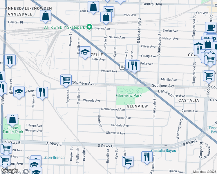 map of restaurants, bars, coffee shops, grocery stores, and more near 1070 Rozelle Street in Memphis