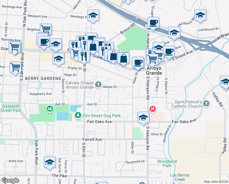 map of restaurants, bars, coffee shops, grocery stores, and more near 245 Walnut Street in Arroyo Grande