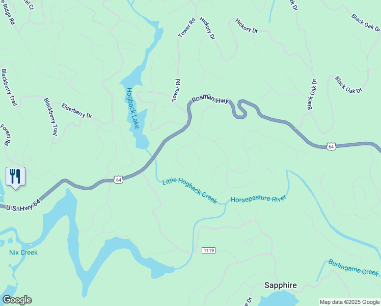 map of restaurants, bars, coffee shops, grocery stores, and more near 34 Rhododendron Court in Sapphire