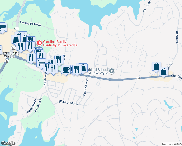 map of restaurants, bars, coffee shops, grocery stores, and more near 118 Lodges Lane in Lake Wylie