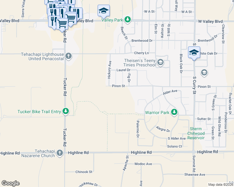 map of restaurants, bars, coffee shops, grocery stores, and more near 1197 Magnolia Court in Tehachapi