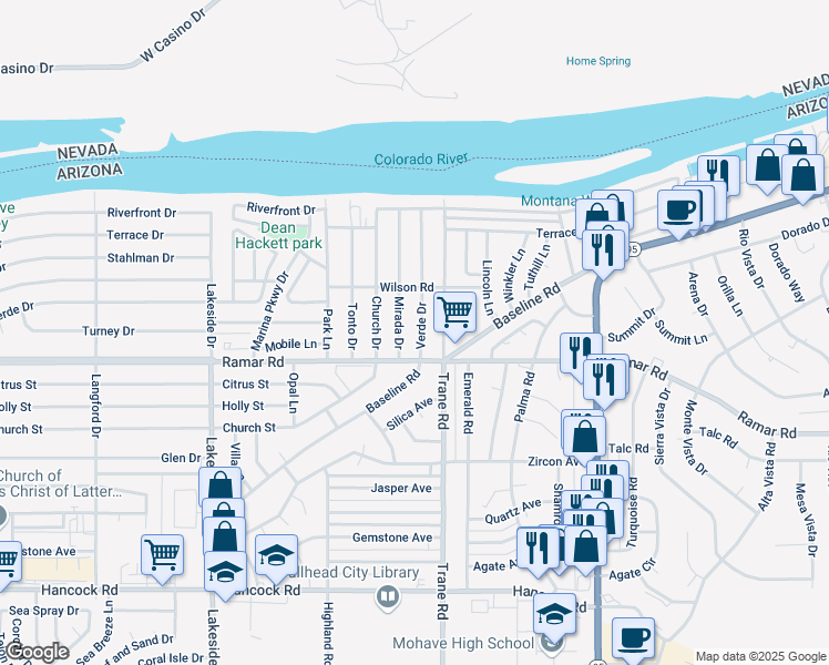 map of restaurants, bars, coffee shops, grocery stores, and more near 1465 Verde Drive in Bullhead City