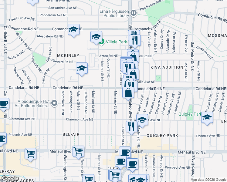 map of restaurants, bars, coffee shops, grocery stores, and more near 3002 Manzano Street Northeast in Albuquerque