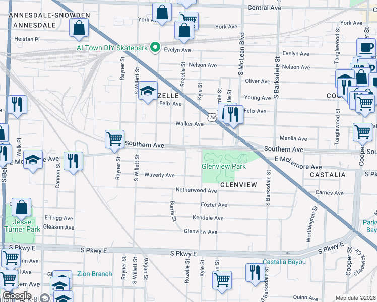 map of restaurants, bars, coffee shops, grocery stores, and more near 1070 Rozelle Street in Memphis