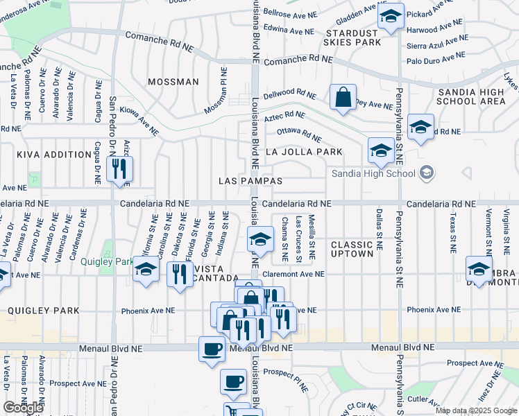 map of restaurants, bars, coffee shops, grocery stores, and more near 3001 Louisiana Boulevard Northeast in Albuquerque