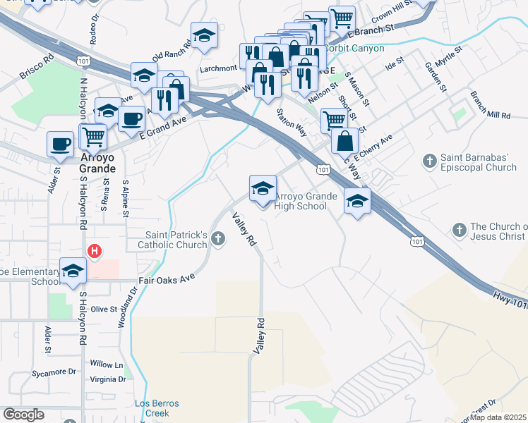 map of restaurants, bars, coffee shops, grocery stores, and more near 495 Valley Road in Arroyo Grande