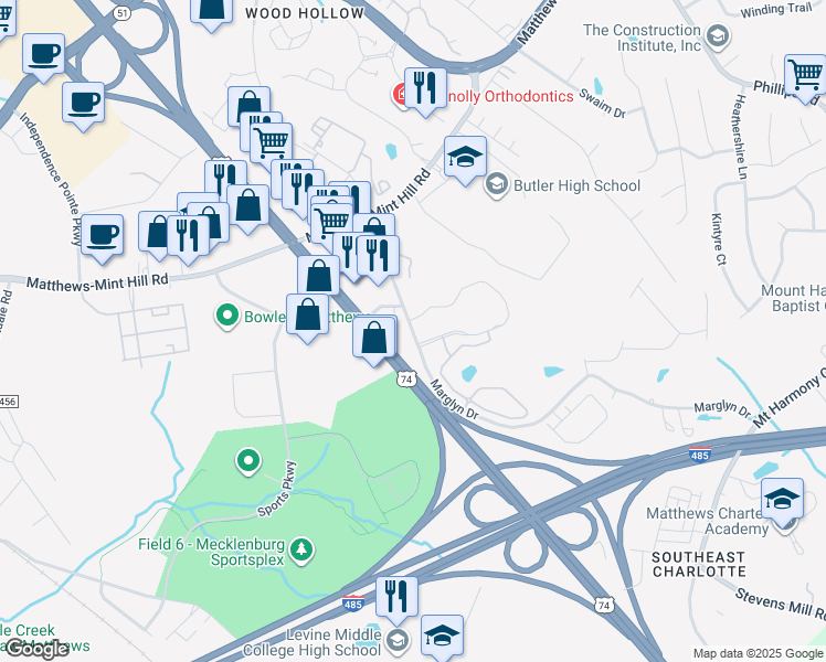 map of restaurants, bars, coffee shops, grocery stores, and more near 2015 Moore Road in Matthews