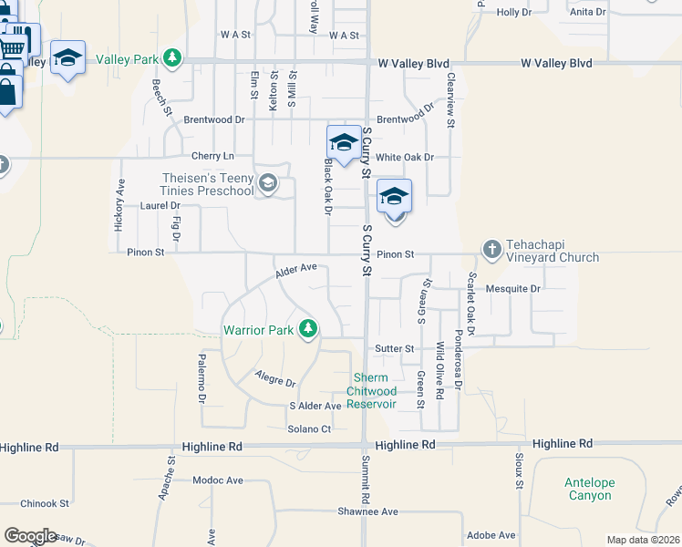 map of restaurants, bars, coffee shops, grocery stores, and more near 1236 Alder Avenue in Tehachapi