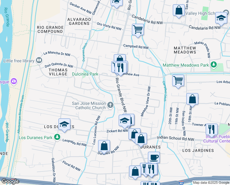 map of restaurants, bars, coffee shops, grocery stores, and more near 2200 Via Granada Place Northwest in Albuquerque