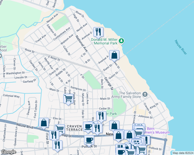 map of restaurants, bars, coffee shops, grocery stores, and more near 611 Julia Clay Street in New Bern