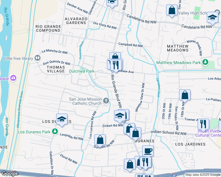 map of restaurants, bars, coffee shops, grocery stores, and more near 2200 Via Granada Place Northwest in Albuquerque