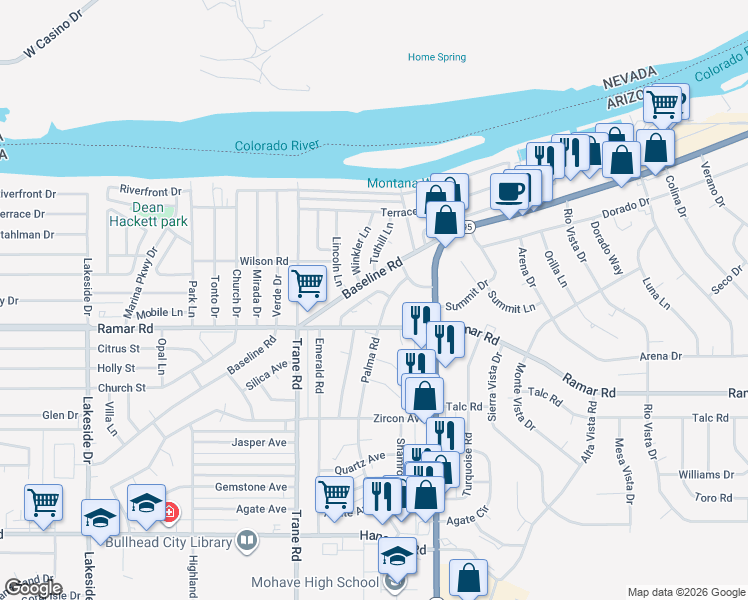 map of restaurants, bars, coffee shops, grocery stores, and more near 1467 Palma Rd in Bullhead City