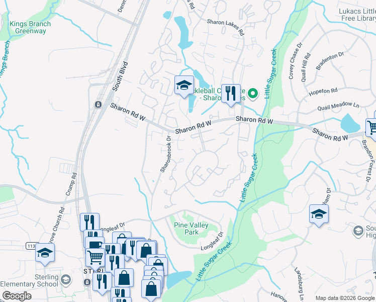 map of restaurants, bars, coffee shops, grocery stores, and more near 8070 Knights Bridge Road in Charlotte
