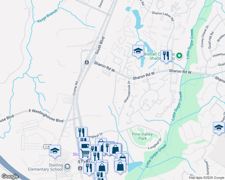 map of restaurants, bars, coffee shops, grocery stores, and more near 8536 Sharonbrook Drive in Charlotte