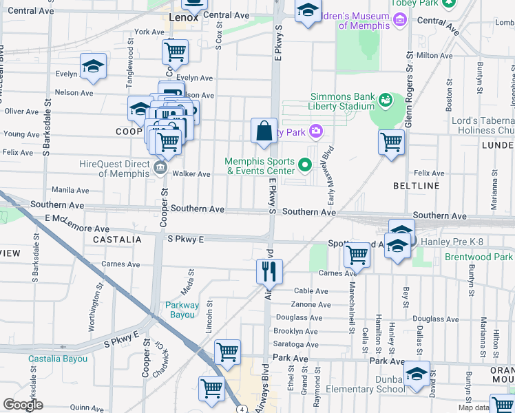 map of restaurants, bars, coffee shops, grocery stores, and more near 1063 East Parkway South in Memphis