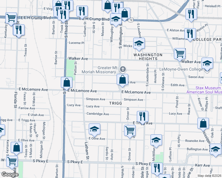 map of restaurants, bars, coffee shops, grocery stores, and more near 1115 South Wellington Street in Memphis
