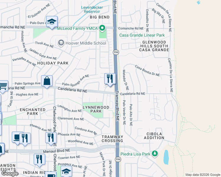 map of restaurants, bars, coffee shops, grocery stores, and more near 12501 Candelaria Road Northeast in Albuquerque