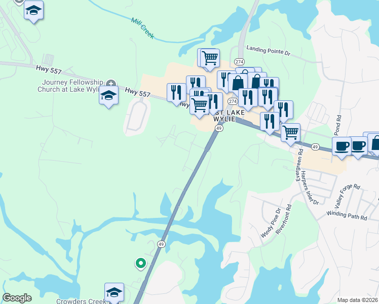 map of restaurants, bars, coffee shops, grocery stores, and more near Wylie Springs Circle in Clover