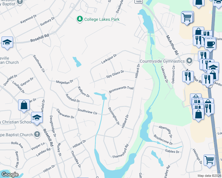 map of restaurants, bars, coffee shops, grocery stores, and more near 632 Bromsworth Trail in Fayetteville