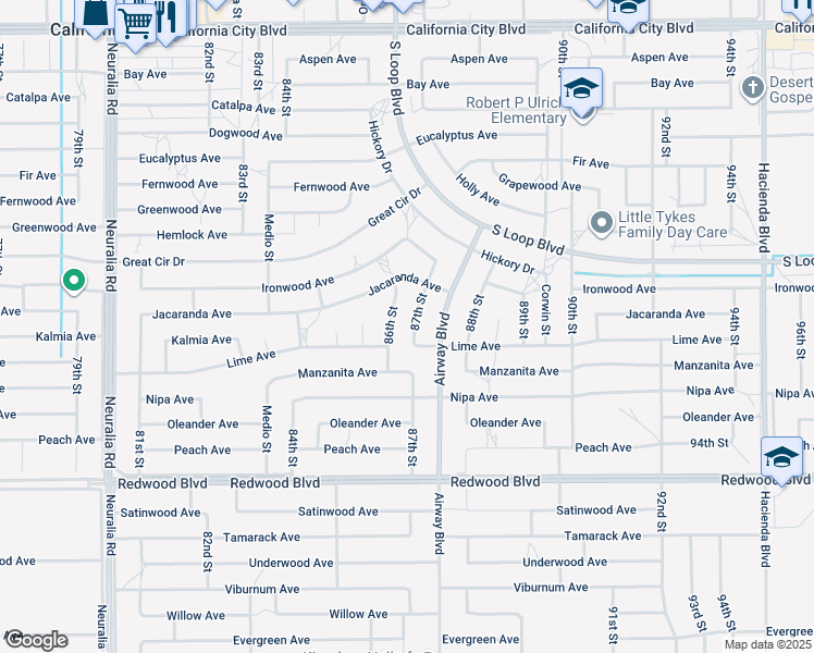 map of restaurants, bars, coffee shops, grocery stores, and more near 20313 87th Street in California City