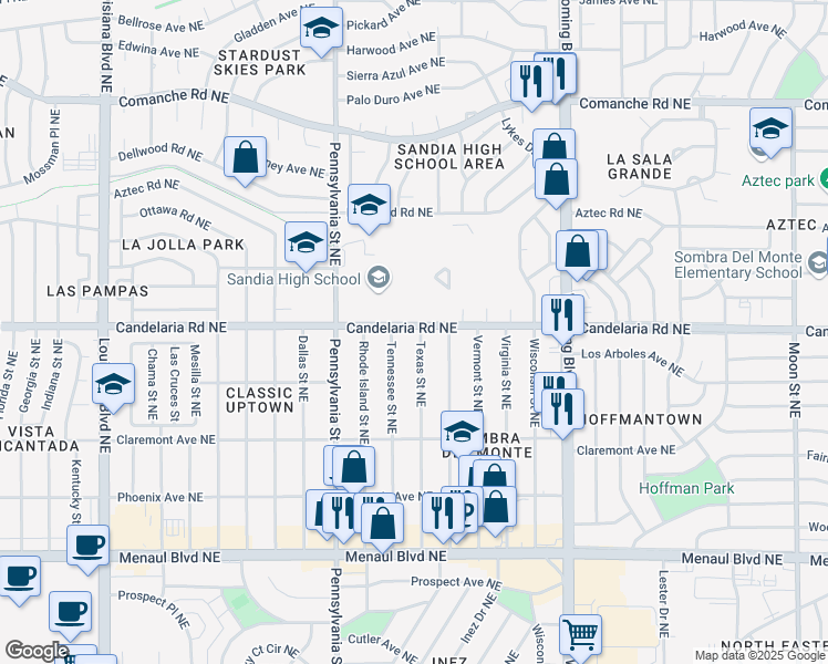 map of restaurants, bars, coffee shops, grocery stores, and more near 2929 Texas Street Northeast in Albuquerque