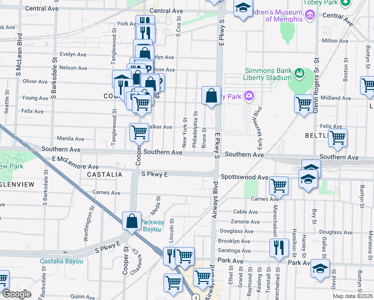 map of restaurants, bars, coffee shops, grocery stores, and more near 1065 Philadelphia Street in Memphis