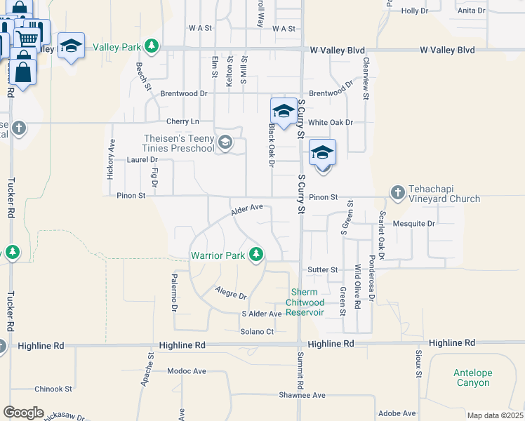 map of restaurants, bars, coffee shops, grocery stores, and more near 1225 Alder Avenue in Tehachapi