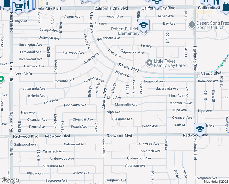 map of restaurants, bars, coffee shops, grocery stores, and more near 20340 88th Street in California City