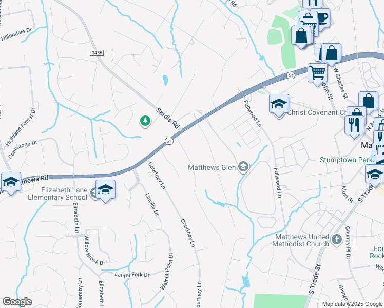 map of restaurants, bars, coffee shops, grocery stores, and more near 207 Lakenheath Lane in Matthews