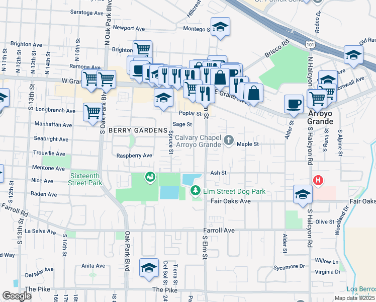 map of restaurants, bars, coffee shops, grocery stores, and more near 201 Aspen Street in Arroyo Grande