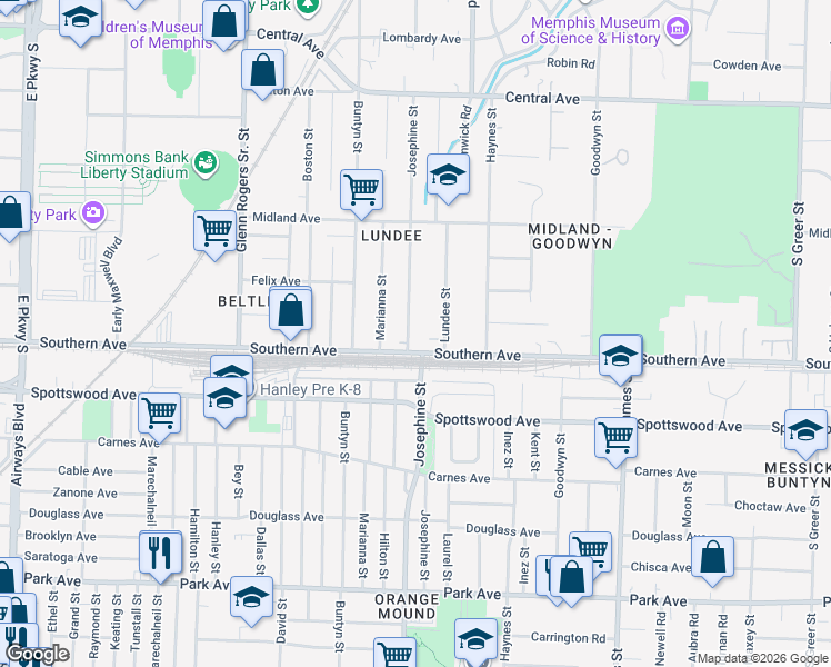map of restaurants, bars, coffee shops, grocery stores, and more near 569 Josephine Street in Memphis