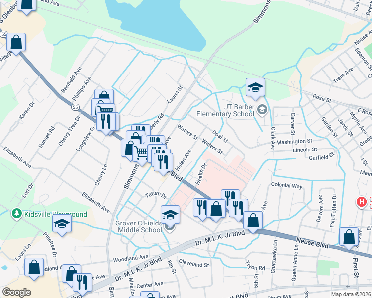 map of restaurants, bars, coffee shops, grocery stores, and more near 1315 Helen Avenue in New Bern