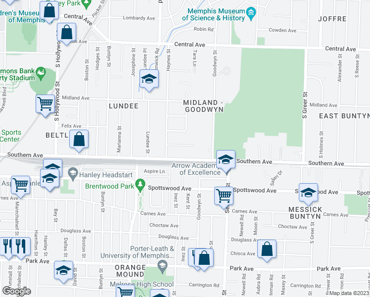map of restaurants, bars, coffee shops, grocery stores, and more near 2917 Walker Avenue in Memphis