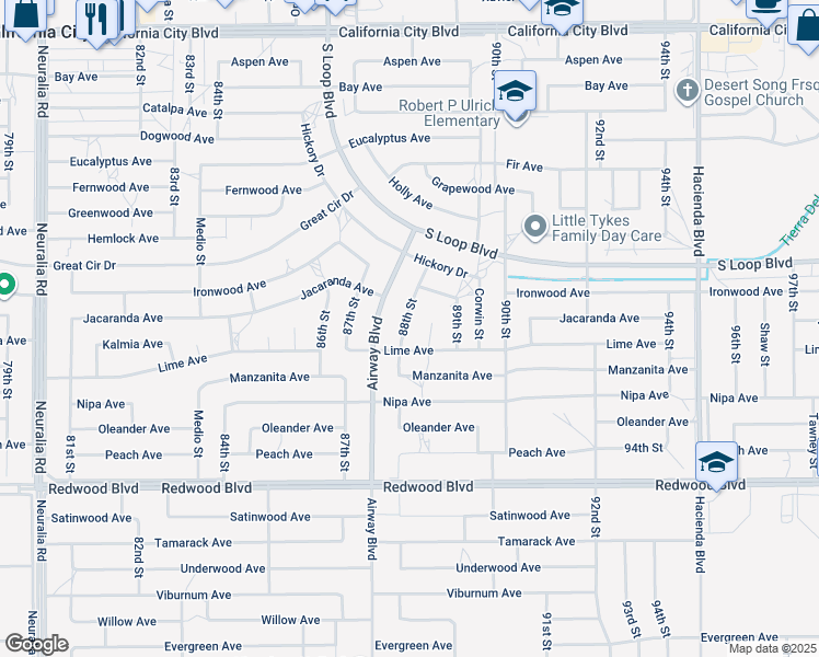 map of restaurants, bars, coffee shops, grocery stores, and more near 20340 88th Street in California City
