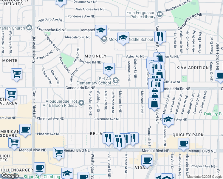 map of restaurants, bars, coffee shops, grocery stores, and more near 2945 Jefferson Street Northeast in Albuquerque
