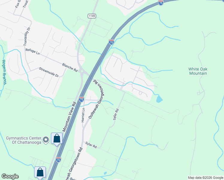 map of restaurants, bars, coffee shops, grocery stores, and more near 7219 Sylar Road in Ooltewah