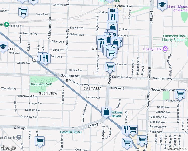 map of restaurants, bars, coffee shops, grocery stores, and more near 2046 Southern Avenue in Memphis