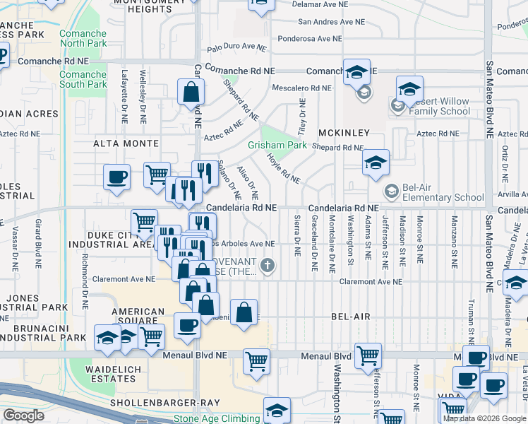 map of restaurants, bars, coffee shops, grocery stores, and more near 3800 Candelaria Road Northeast in Albuquerque