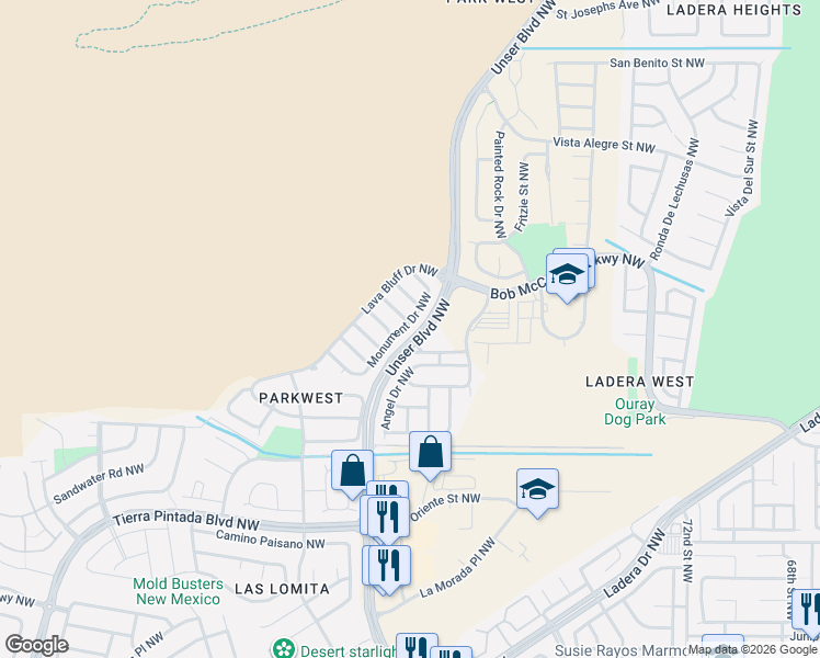 map of restaurants, bars, coffee shops, grocery stores, and more near 2816 Monument Drive Northwest in Albuquerque