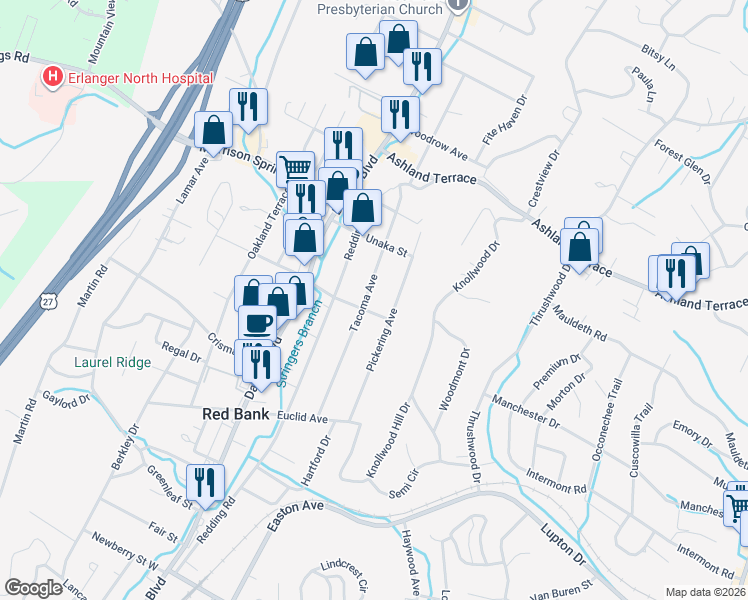 map of restaurants, bars, coffee shops, grocery stores, and more near 3805 Tacoma Avenue in Chattanooga