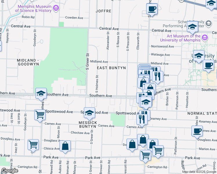 map of restaurants, bars, coffee shops, grocery stores, and more near 561 Alexander Street in Memphis