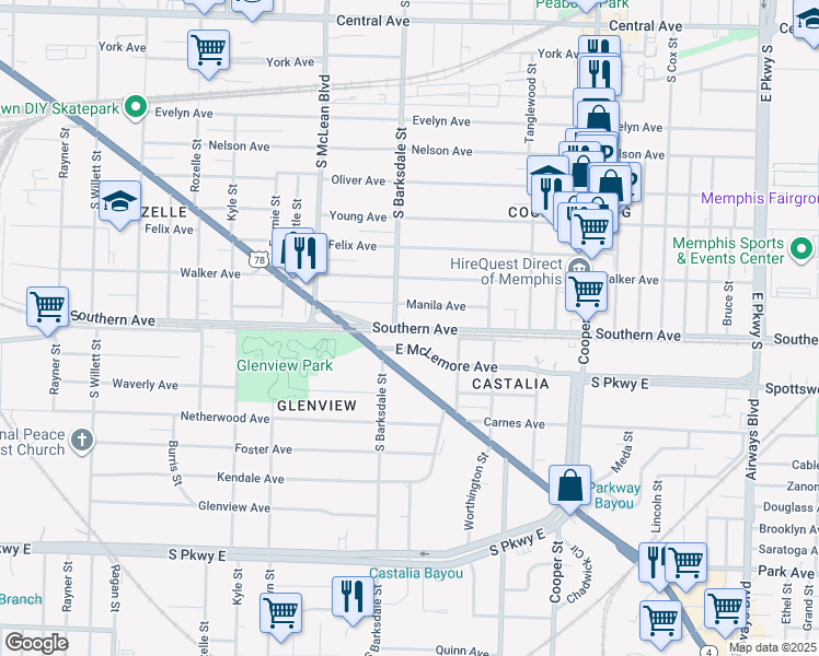 map of restaurants, bars, coffee shops, grocery stores, and more near 1920 Southern Avenue in Memphis