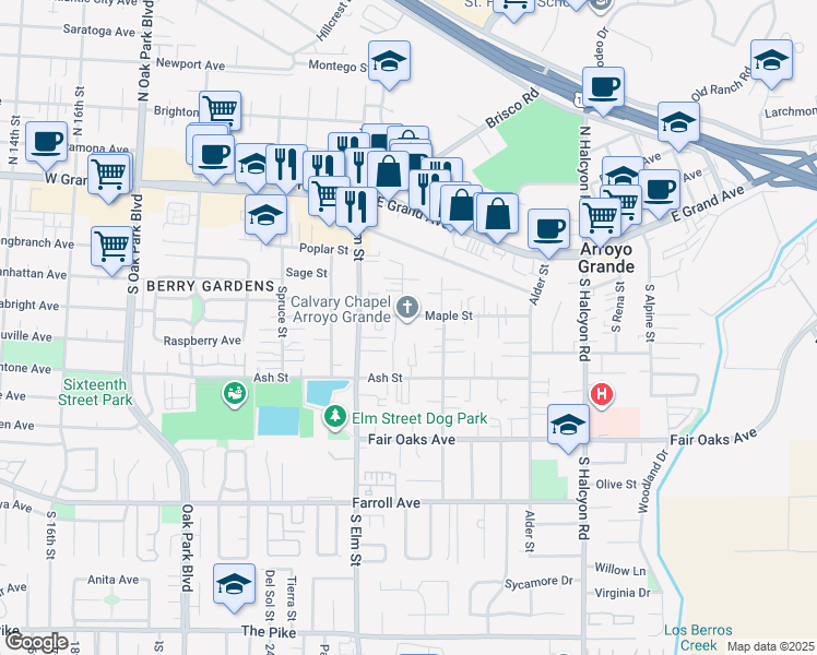 map of restaurants, bars, coffee shops, grocery stores, and more near 1133 Maple Street in Arroyo Grande
